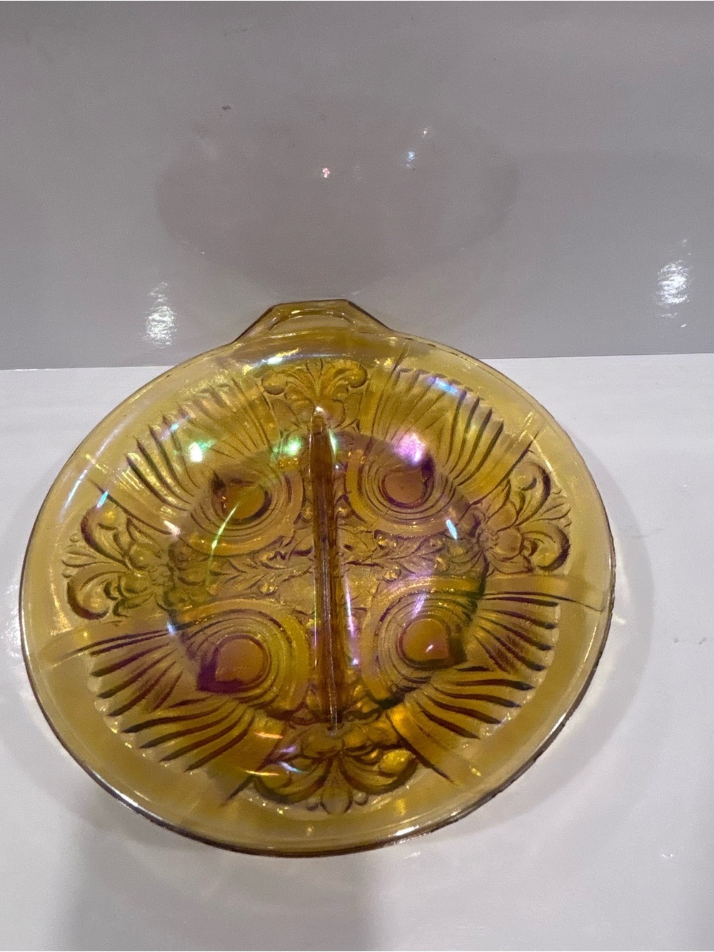 Vintage amber carnival glass peacock feather divided pickle dish iridescent 8”